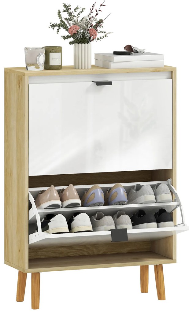 HOMCOM Sapateira Estreita com 2 Portas em Branco Brilhante Estantes Ajustáveis e Pés de Madeira para 12 Pares de Sapatos 60x24x91 cm Branco