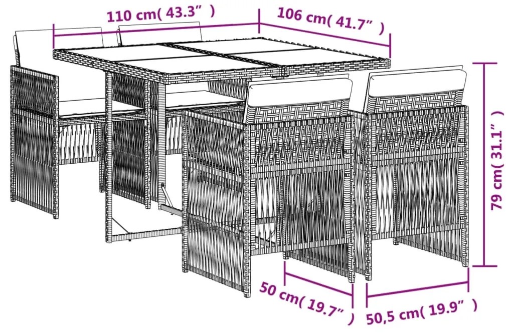 5 pcs conjunto de jantar p/ jardim c/ almofadões vime PE preto