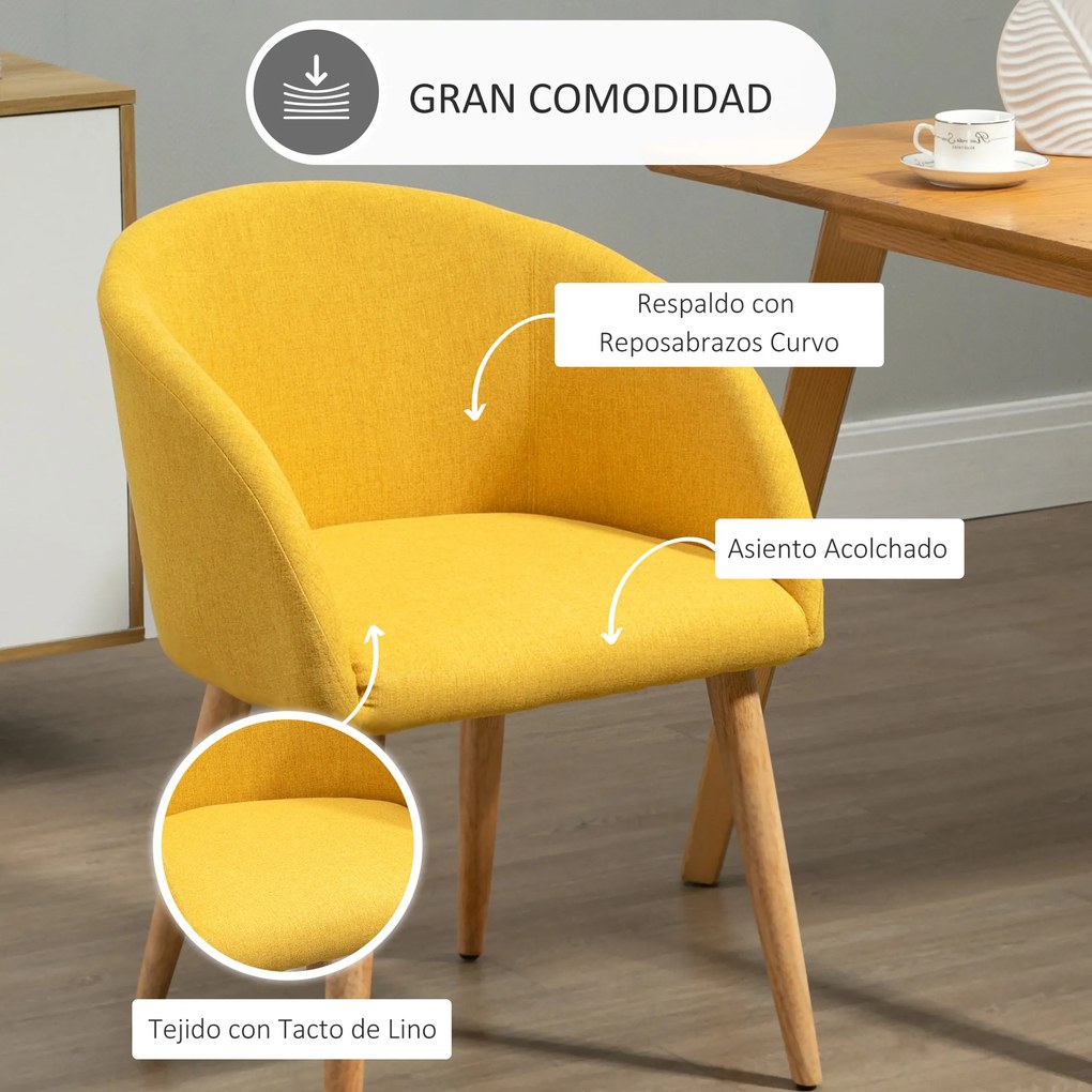 HOMCOM Cadeira de Sala de Jantar Estofada em Linho Sintético Transpirável com Assento Acolchoado e Pés de Madeira Cadeira Moderna para Sala de Estar Dormitório 55x58x74cm Amarelo