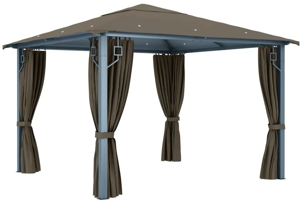 Gazebo c/ cortinas e cordões luzes LED 3x3 m alumínio cinza-ac.