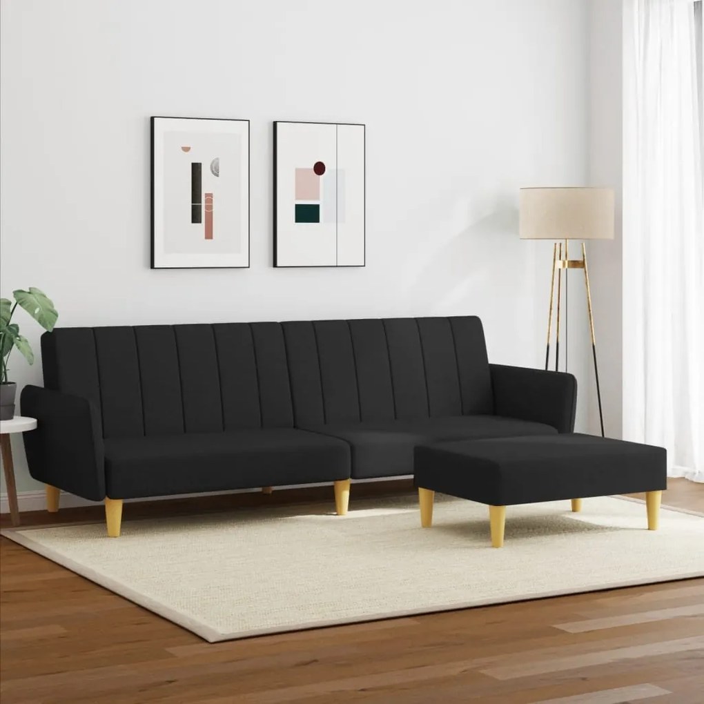 Sofá-cama de 2 lugares com apoio de pés tecido preto