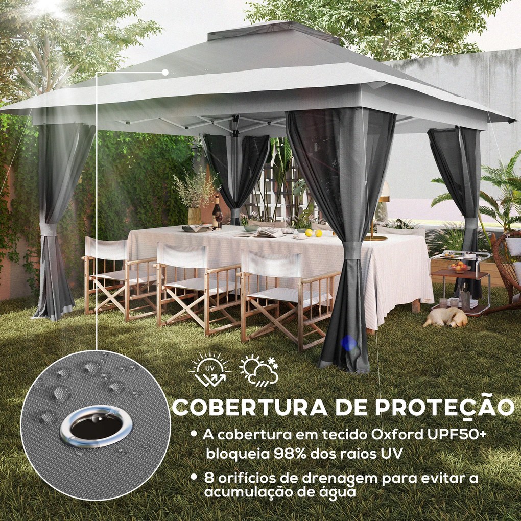 Pérgola Dobrável 356x356x280 cm com 4 Paredes Laterais de Malha Anti-UV Altura Ajustável e Bolsa de Transporte Cinza Escuro