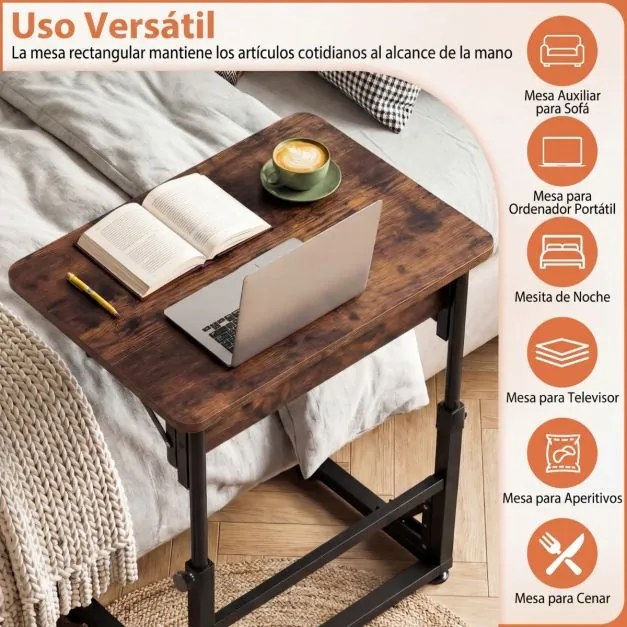 Mesa auxiliar dobrável em forma de C com altura ajustável 59,5 x 39 x 51-66 cm, estrutura metálica, para sala ou quarto, castanho rústico