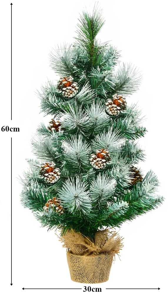 Árvore de Natal 60 cm efeito neve com pinhas decorativas, base estável em cimento e linho, decoração para interiores e secretárias Verde