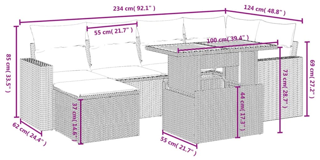 7 pcs conjunto de sofás p/ jardim com almofadões vime PE bege