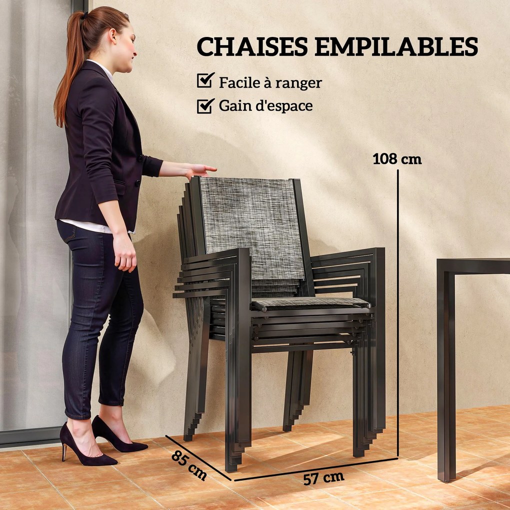 Mesa de jardim para exterior com 6 cadeiras empilháveis, tampo com ripas de 150 cm, estrutura em aço inoxidável, preta