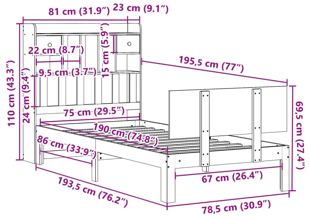 Cama com estante sem colchão 75x190 cm pinho maciço
