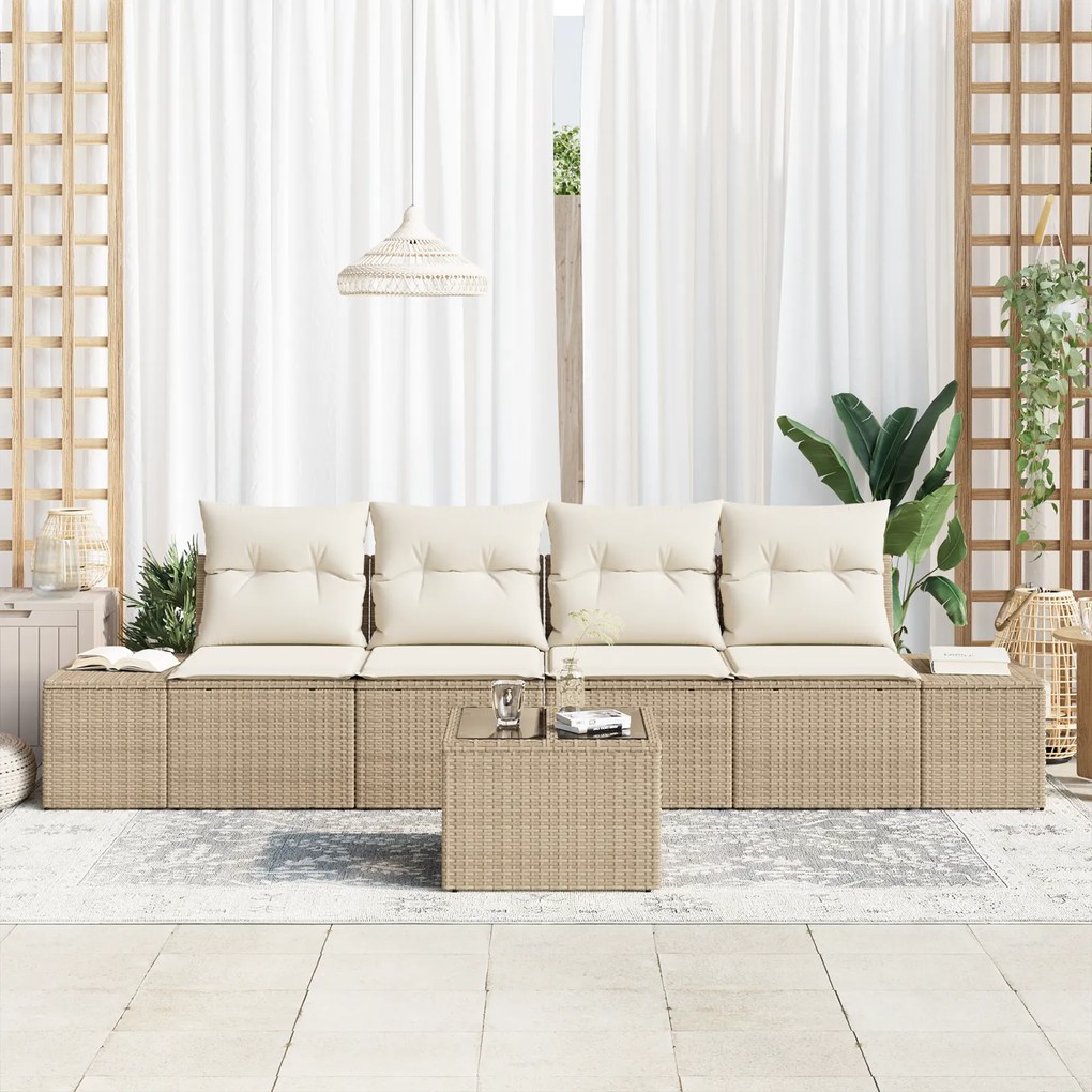 Conjunto de Sofá de Jardim 5 Peças com Almofadas em Polyrattan Bege