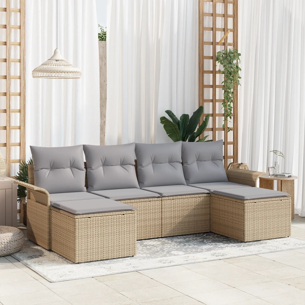 Conjunto de Sofá de Jardim de 6 Peças com Almofadas Bege Rattan Polimé