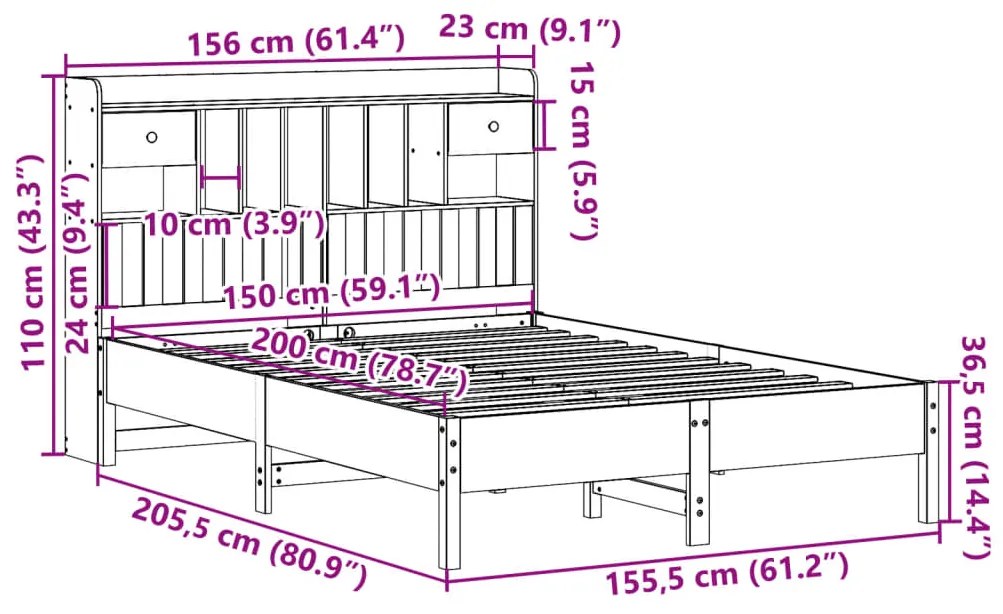 Cama com estante sem colchão 150x200 cm pinho maciço