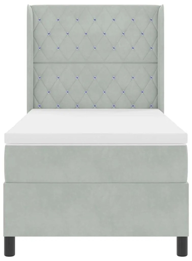 Cama Box com Colchão &amp; Luz LED Cinza Claro 90x190 cm Veludo