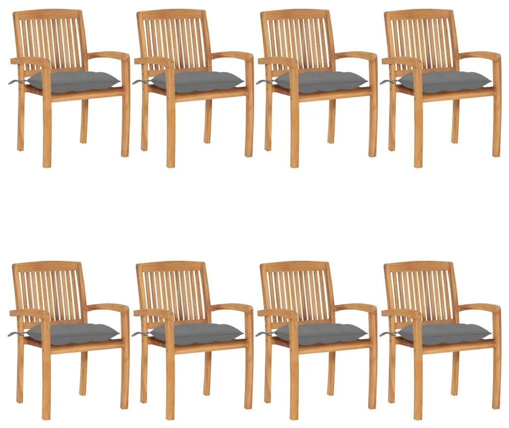 vidaXL Cadeiras de jardim empiháveis c/ almofadões 8 pcs teca maciça