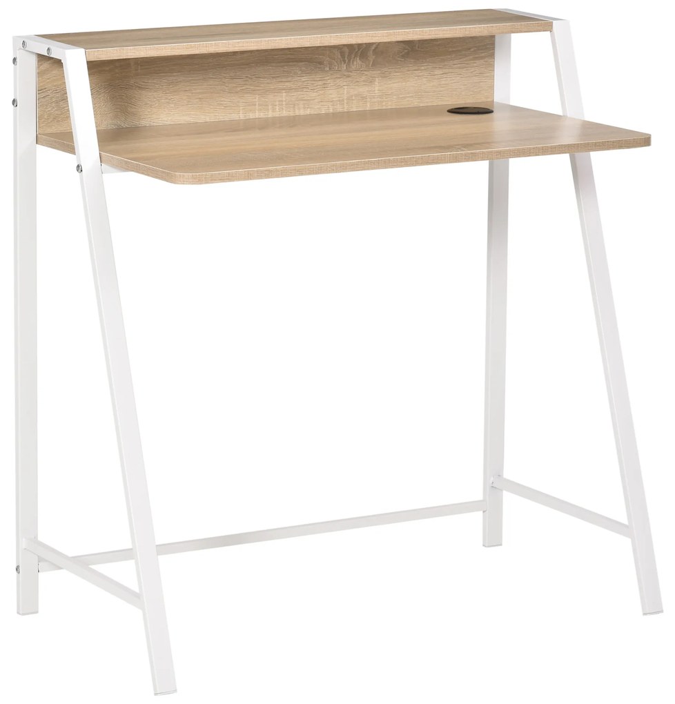 HOMCOM Secretária Mesa de Computador 84x45x85cm com Bancada de Madeira e Pés de Metal Estilo Moderno Carvalho e Branco