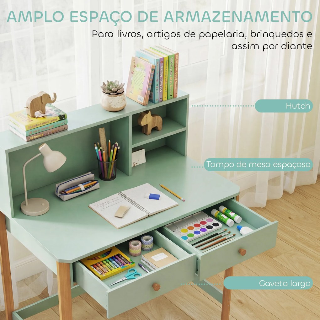 Secretária Infantil (CADEIRA NÃO INCLUIDA) Mesa de Estudo para Crianças com 3 Compartimentos Abertos e 2 Gavetões 90x52x105 cm Verde