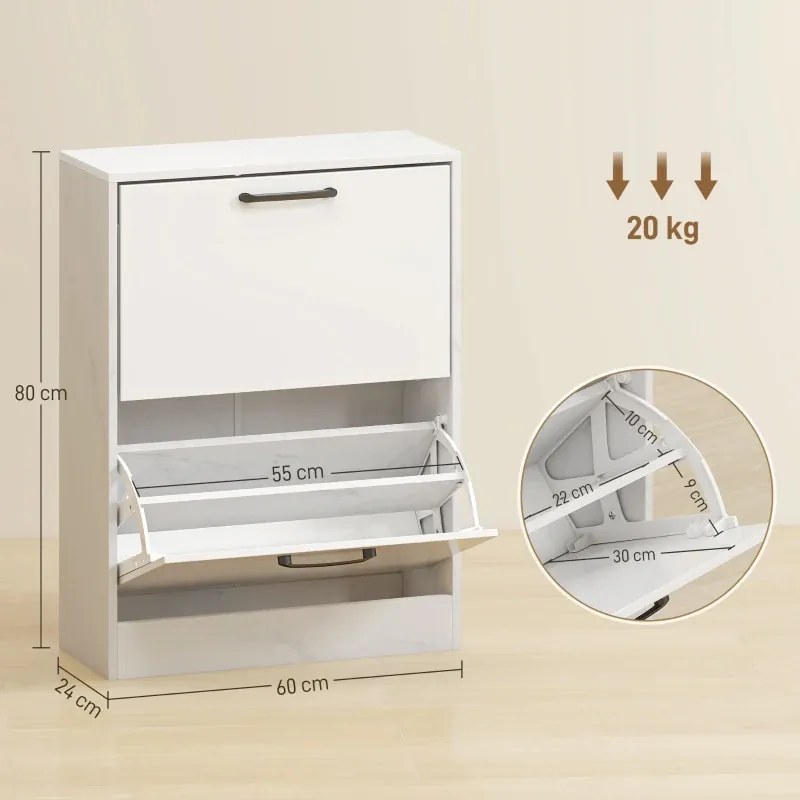 Sapateira Estreita 2 Portas de Alto Brilho 60x24x80 cm com Prateleiras Ajustáveis Design Mármore para 8 Pares de Sapatos Branco