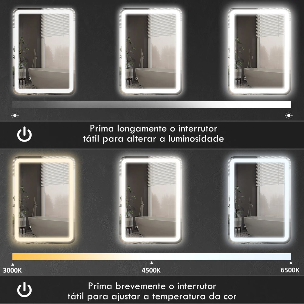 Espelho Casa de Banho com Luzes LED 70x50 cm Função Antiembaciamento 3 Temperaturas de Cor Ajustável e Função de Memória Prata