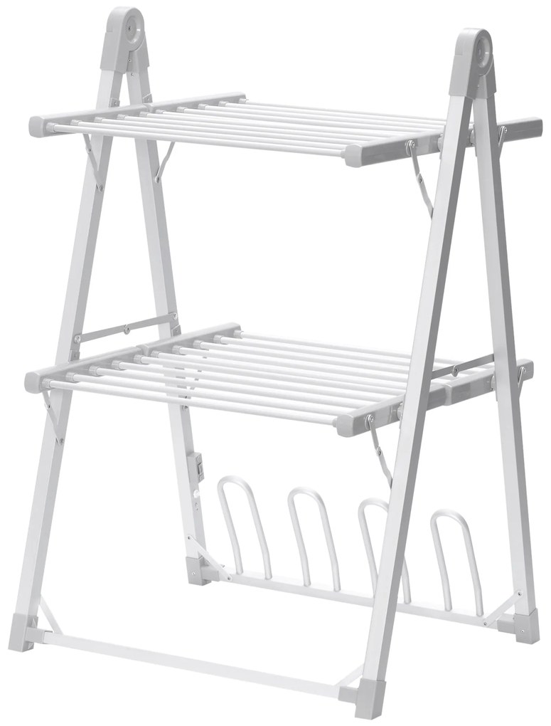 Estendal Elétrico Dobrável de 2 Níveis 210W Secador de Roupa com Suporte para 2 Sapatos e Estrutura de Liga de Alumínio 66x64x101cm Prata