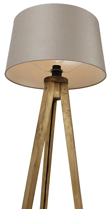 Candeeiro de pé rústico tripé vintage em madeira com abajur em linho bege 45 cm - Tripod Classic