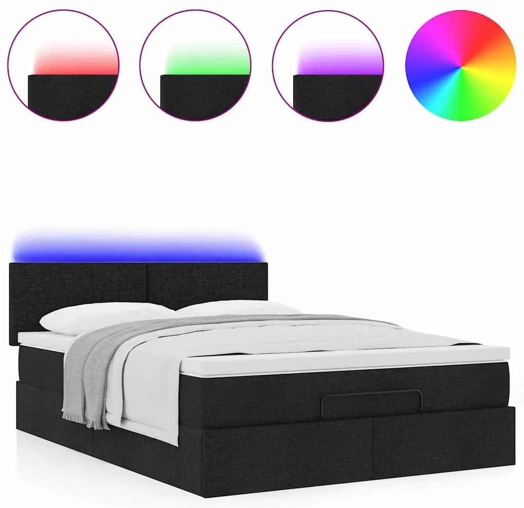 Cama Otomana com Colchão &amp; LEDs Preto 140x200 cm Tecido