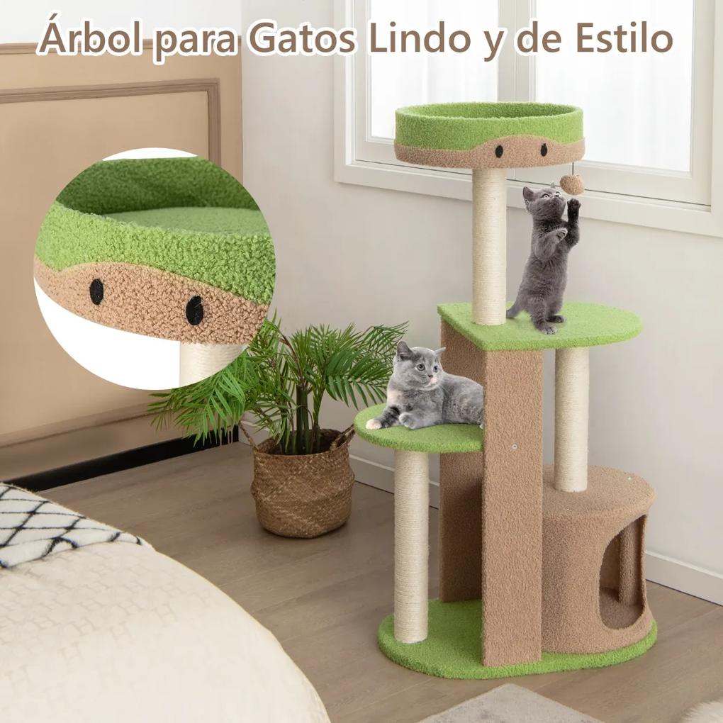 Arranhador para gatos de 5 níveis com arranhadores de sisal e móveis para gatos em tecido de pelúcia macio Mohair 58,5 x 38,5 x 111 cm verde