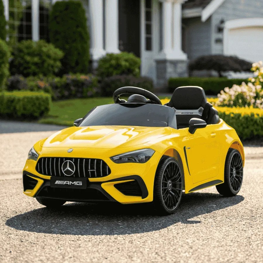 Carro elétrico para crianças Mercedes CLE 12V bateria de lítio, luzes LED, comando remoto de 2,4 GHz, ligação Bluetooth, licença ORIGINAL Amarelo