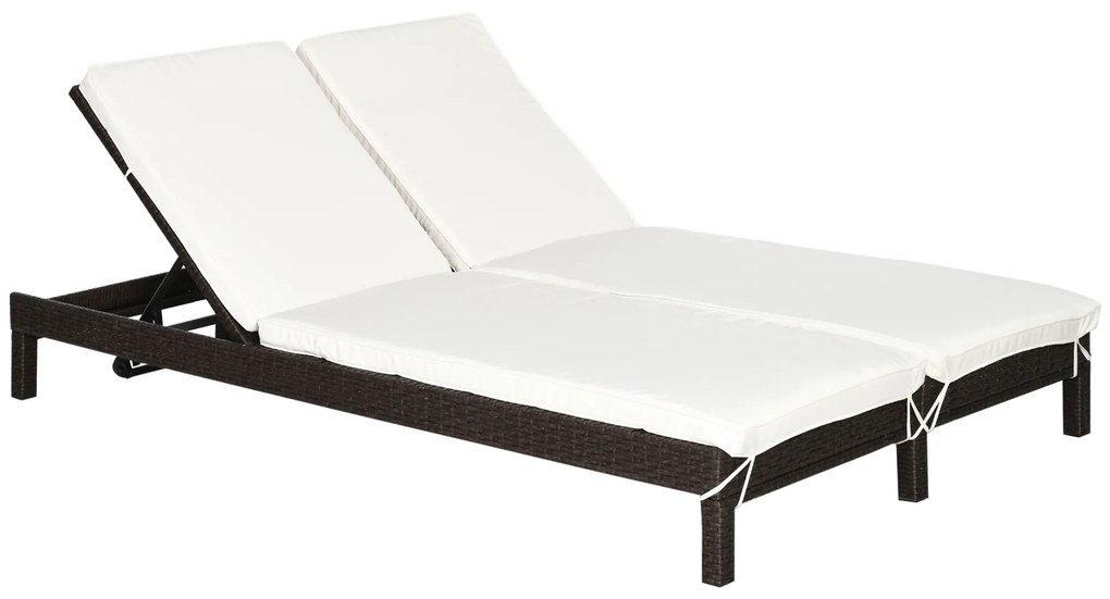 Outsunny Conjunto de Espreguiçadeiras Exterior de Vime 2 Lugares com Almofadas Acolchoadas Resistente à Água com Encosto Ajustável em 5 Níveis Suporta 220kg 195x120x28cm Marrom e Branco Creme