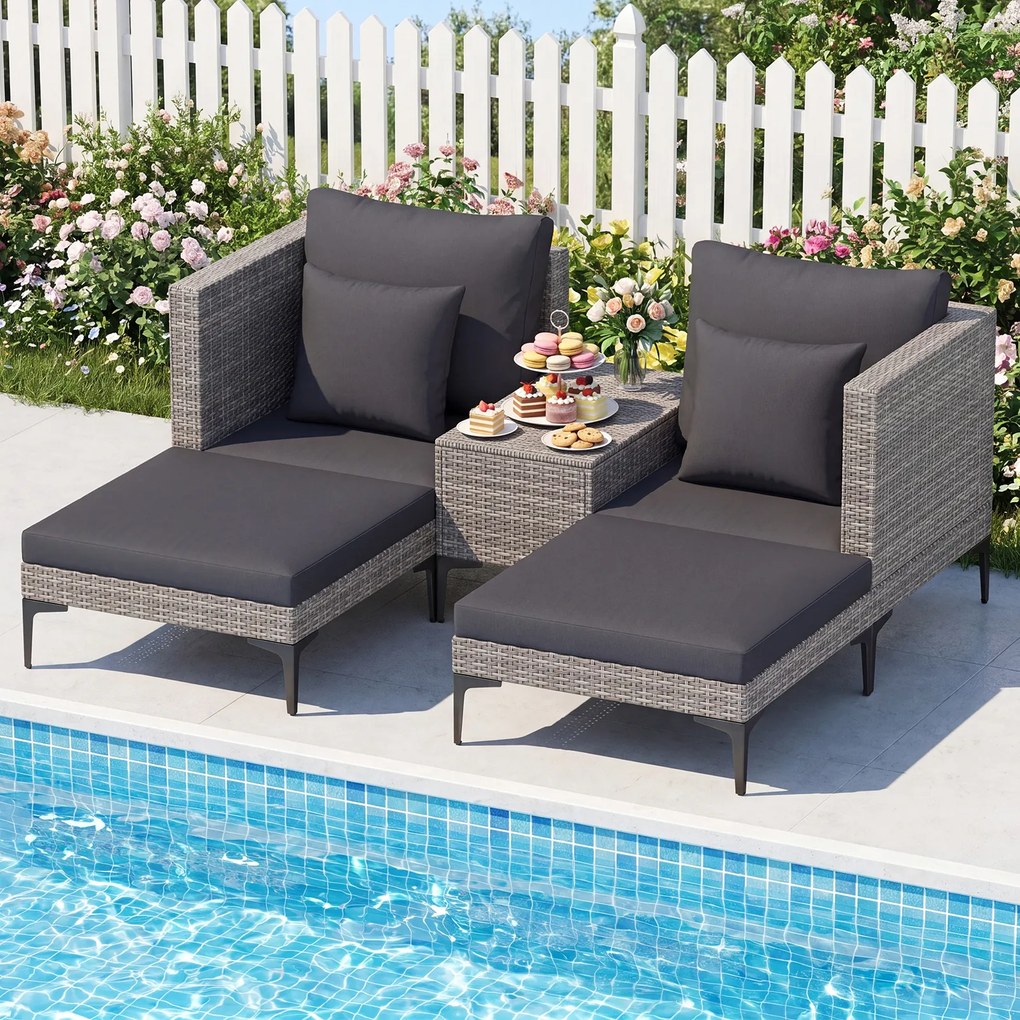 Conjunto jardim de rattan para exterior de 5 peças com mesa auxiliar, 2 sofás, 2 apoios para os pés, almofadas e travesseiros macios, modular, para pá