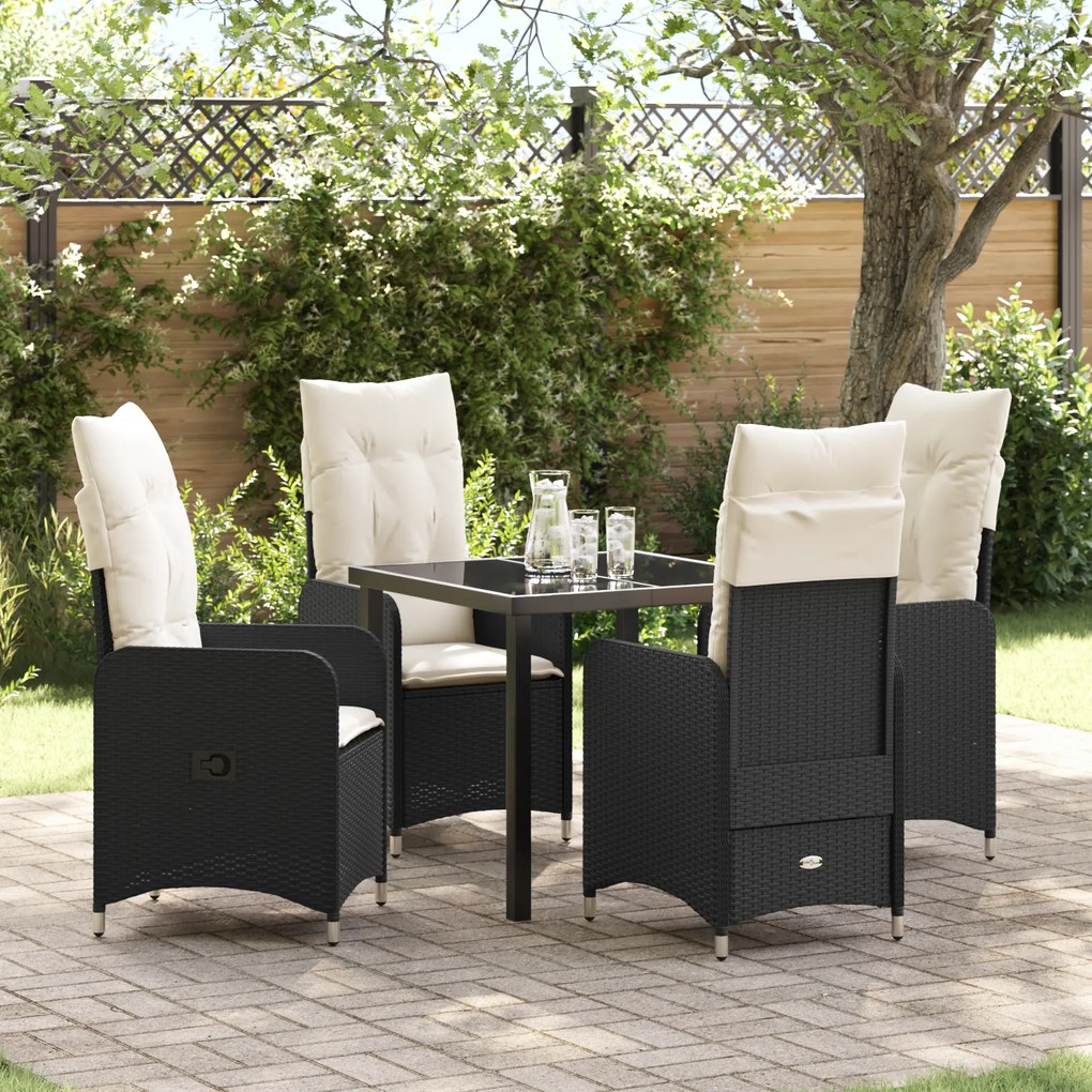 vidaXL Conjunto de Jantar de Jardim 5 Peças com Almofadas Preto Vime Poliéster