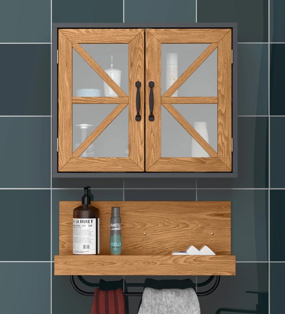 Kleankin 2 móveis de banheiro Armário e estante de parede aberta com toalheiro e fechadura magnética com portas de vidro 61x19,5x51 cm Madeira