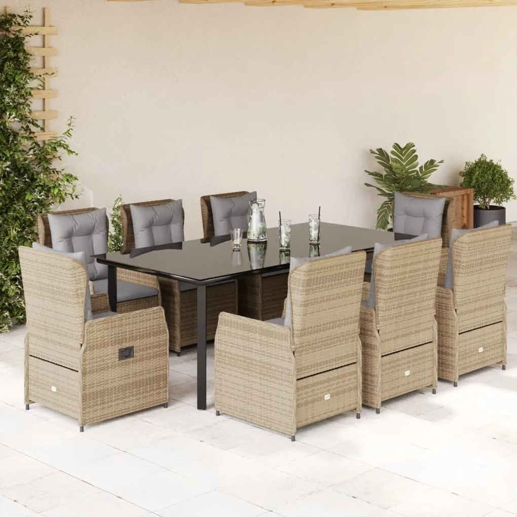 9 pcs conjunto de jantar p/ jardim com almofadões vime PE bege