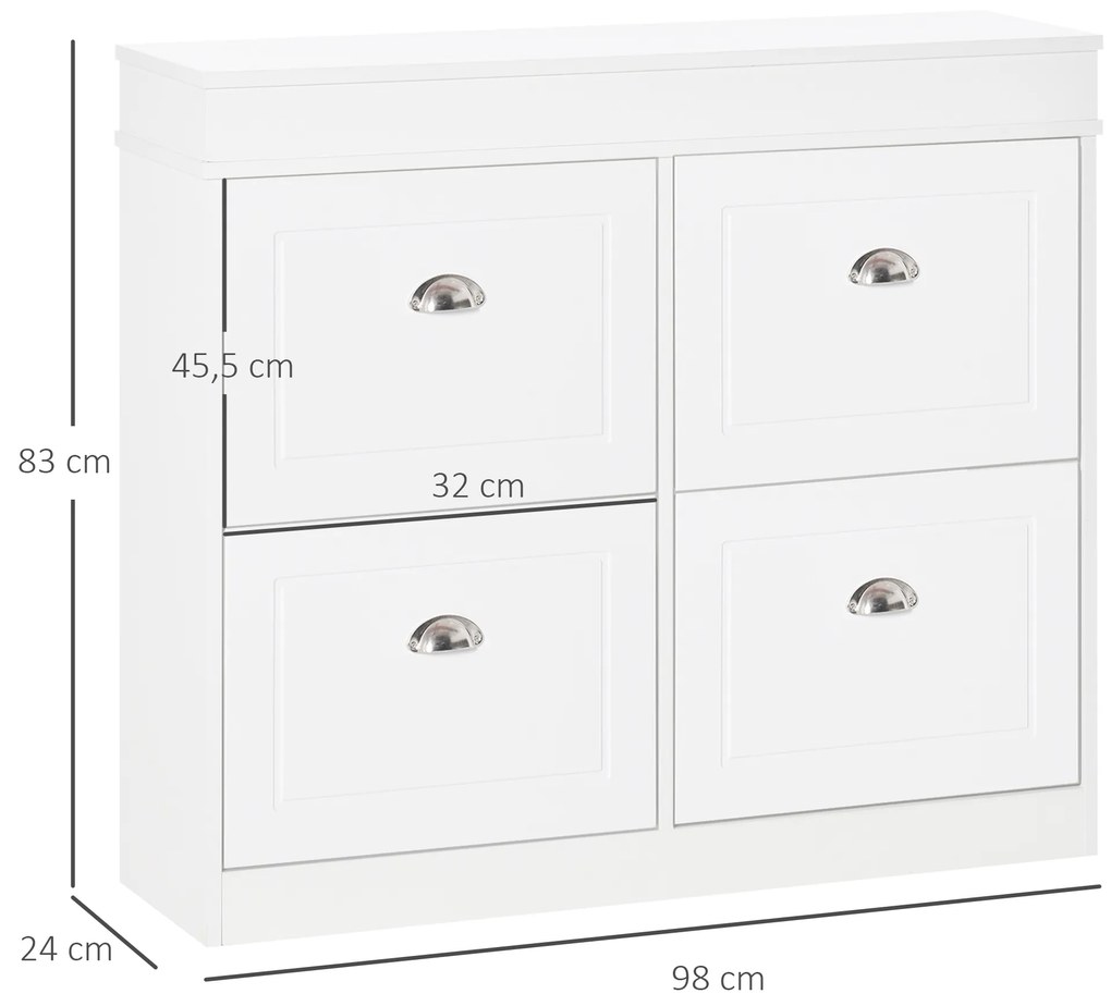 Móvel Sapateiro de 4 Portas Estreito com Prateleiras Ajustáveis e Removíveis Capacidade de 16 Pares para Corredor Entrada 98x24x83cm Branco