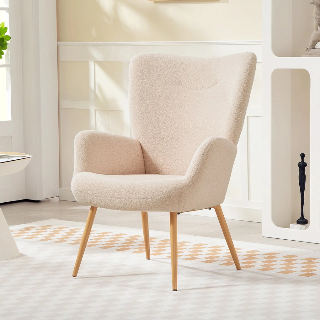 Poltrona de sala, poltrona auxiliar estofada em tecido bouclé com encosto alto e braços, 71 x 74 x 97,5 cm, bege
