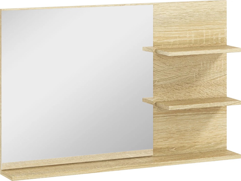 kleankin Espelho de Parede para Casa de Banho com 2 Prateleiras Laterais e Prateleira Inferior, 75x10x48 cm, Madeira Natural | Aosom Portugal