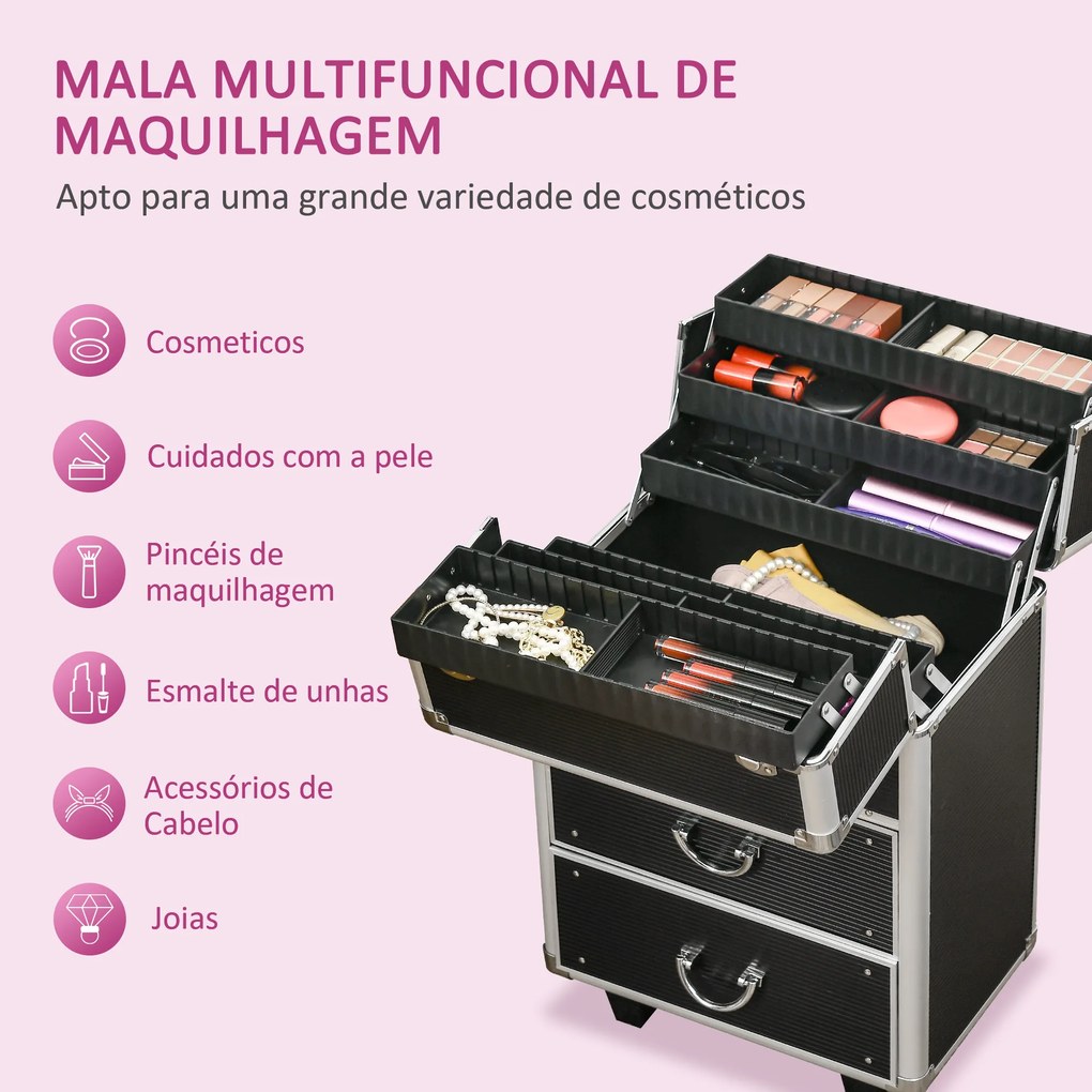 HOMCOM Mala de Maquilhagem Professional Mala para Cosméticos com Rodas 6 Gavetas Extensíveis Fechadura 2 Chaves e Alça Retrátil 36x23x58cm Preto