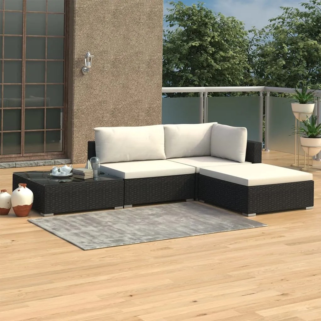 4 pcs conjunto lounge de jardim c/ almofadões vime PE preto