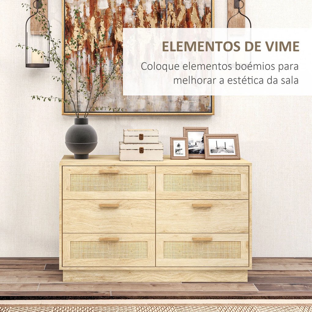 Cómoda para Quarto Cómoda de Madeira com 6 Gavetas de Vime Estilo Boêmio para Corredor Escritório 110x40x69 cm cor Carvalho
