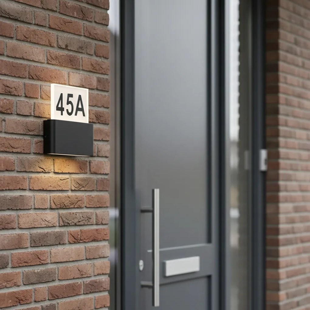 Candeeiro de parede exterior preto com LED e números de casa IP54 - Kandi