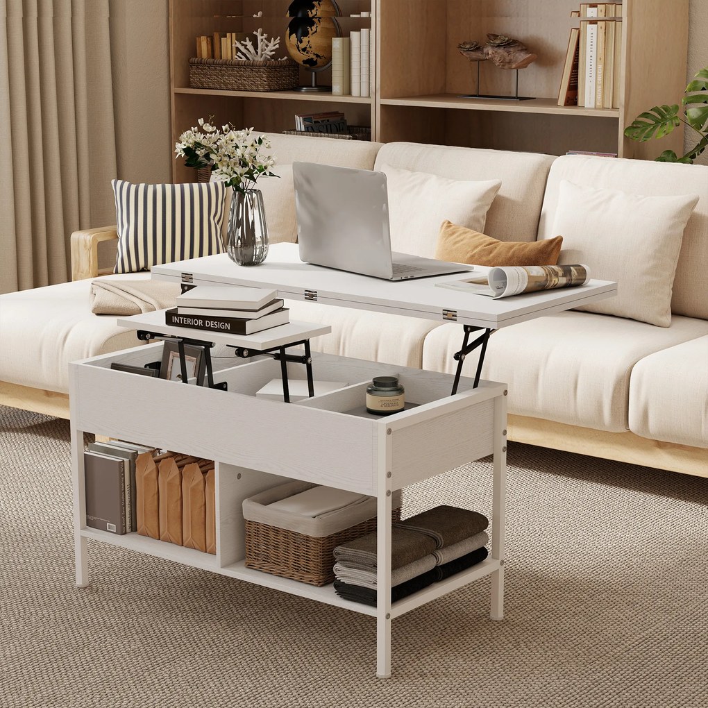 Mesa de centro 98 x 49 x 55 cm elevável e extensível, com compartimento oculto e prateleiras abertas, branca