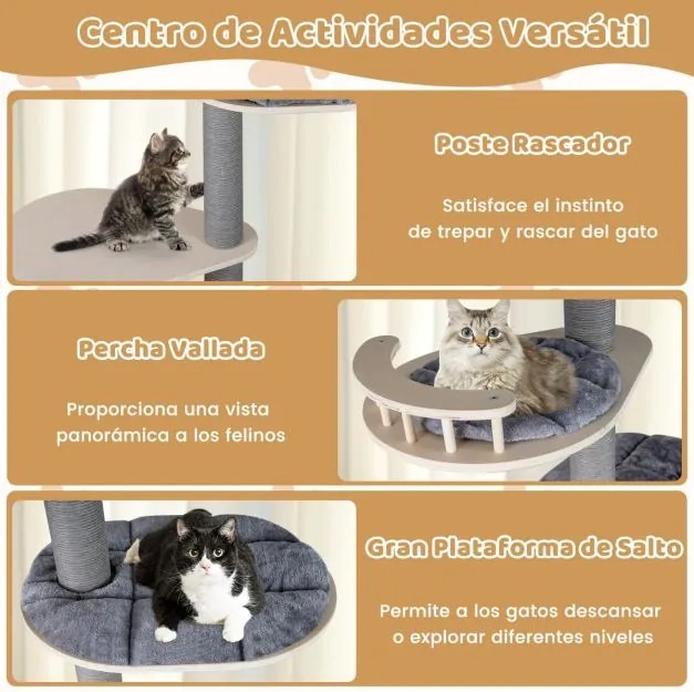 Árvore para gatos de 5 níveis Torre de madeira ajustável de 236-271 cm de altura com gancho casa Postes para arranhar Plataformas cinzentas