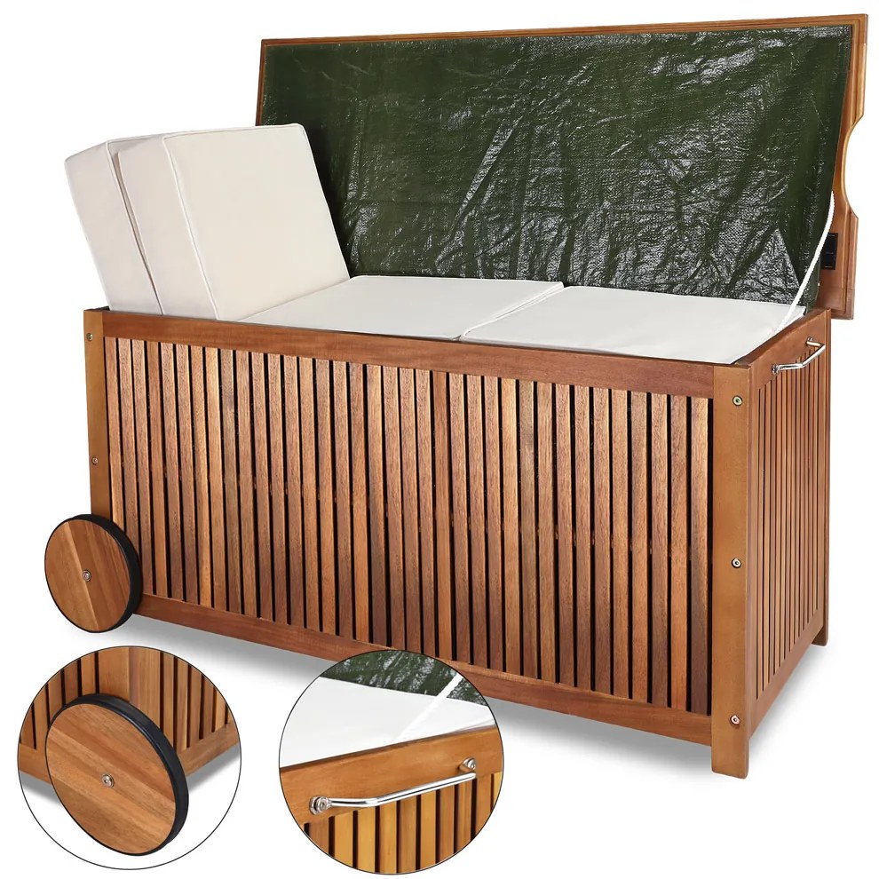 Caixa de armazenamento com rodas para guardar almofadas em madeira de acácia 120 x 55 x 60 cm Castanho