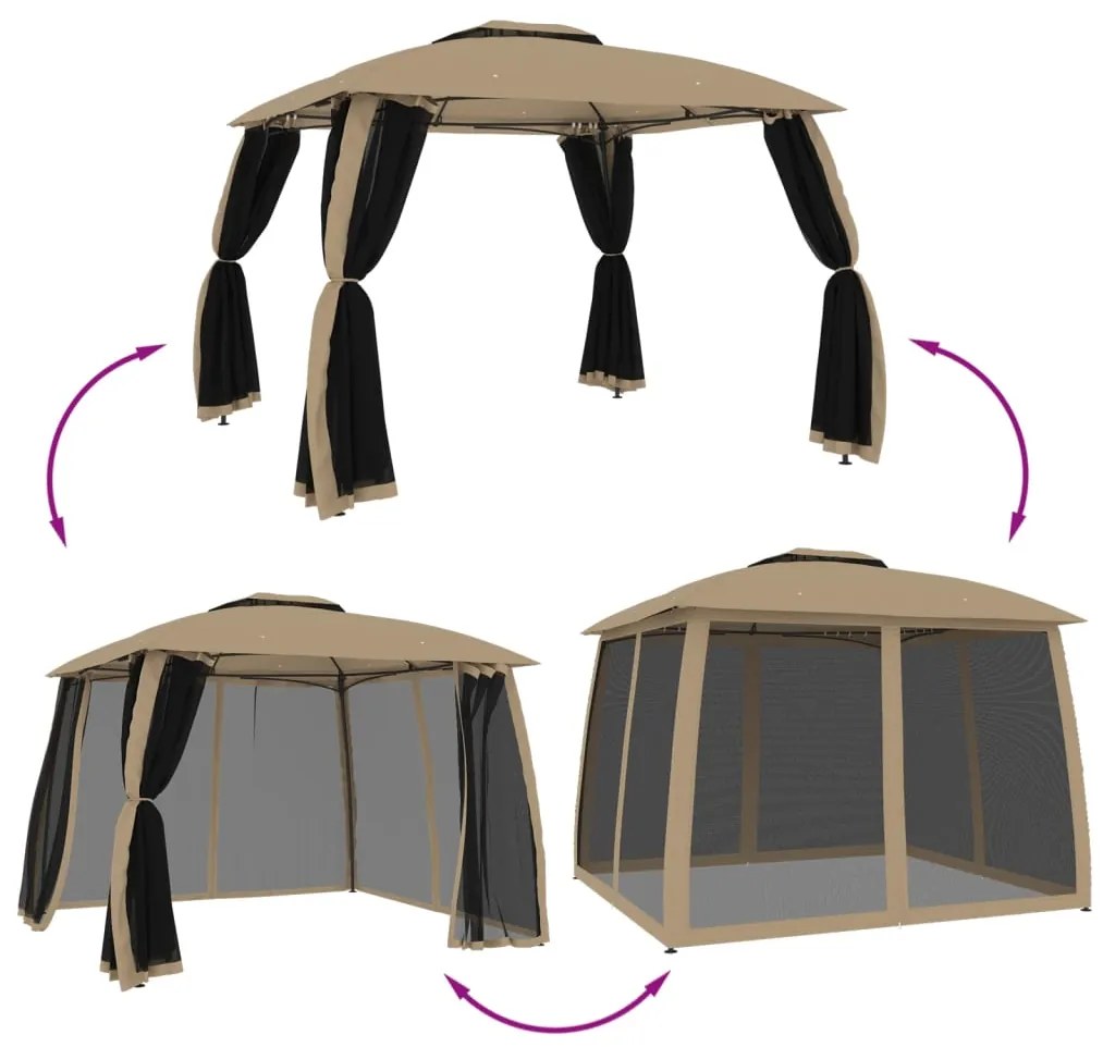 Gazebo c/ teto duplo/paredes de malha aço cinzento-acastanhado