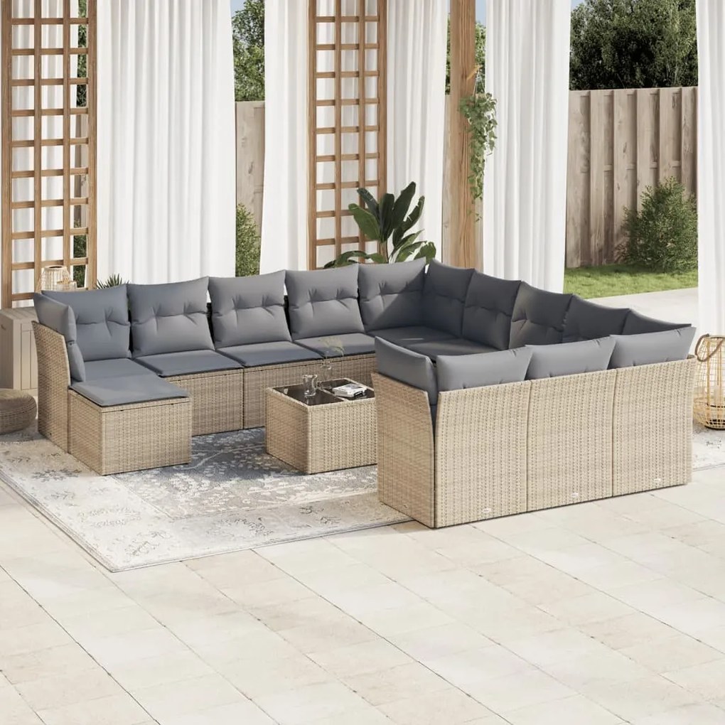 13 pcs conjunto de sofás p/ jardim com almofadões vime PE bege