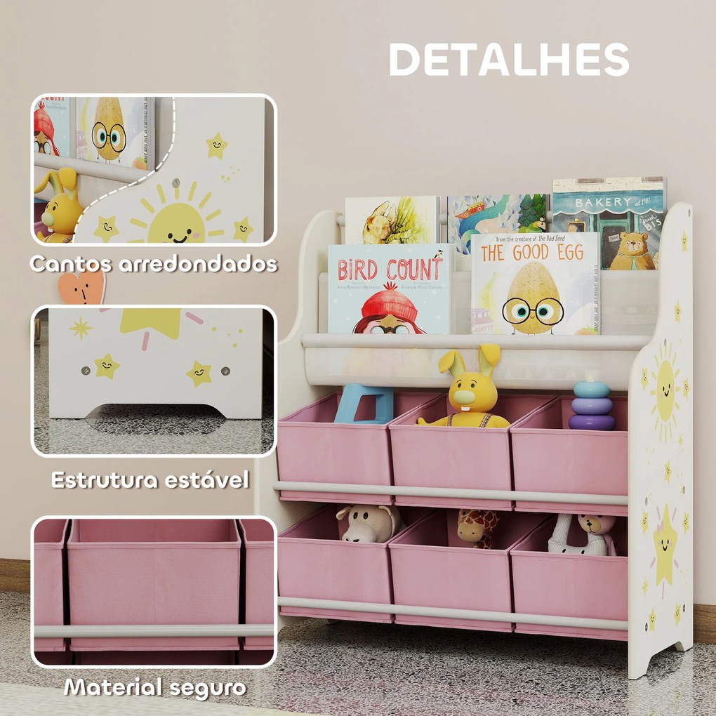 Estante Infantil para Brinquedos com 6 Caixas de Tecido Não Tecido Organizador de Brinquedos com 2 Prateleiras 63x30x71 cm Rosa