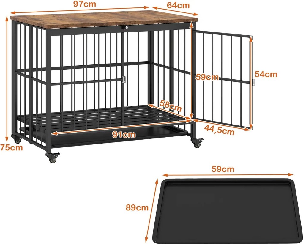 Gaiola dobrável para cães 97 cm x 64 cm x 75 cm com bandeja removível Gaiola resistente a mordidas com porta bloqueável para raças Castanho