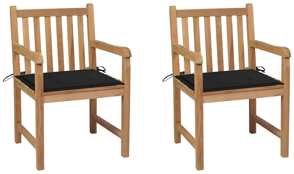 Cadeiras de jardim c/ almofadões pretos 2 pcs teca maciça