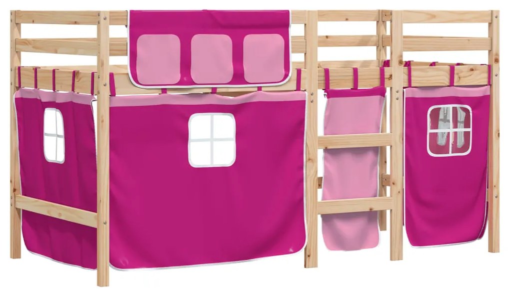 Cama alta p/ criança c/ cortinas 90x190 cm pinho maciço rosa