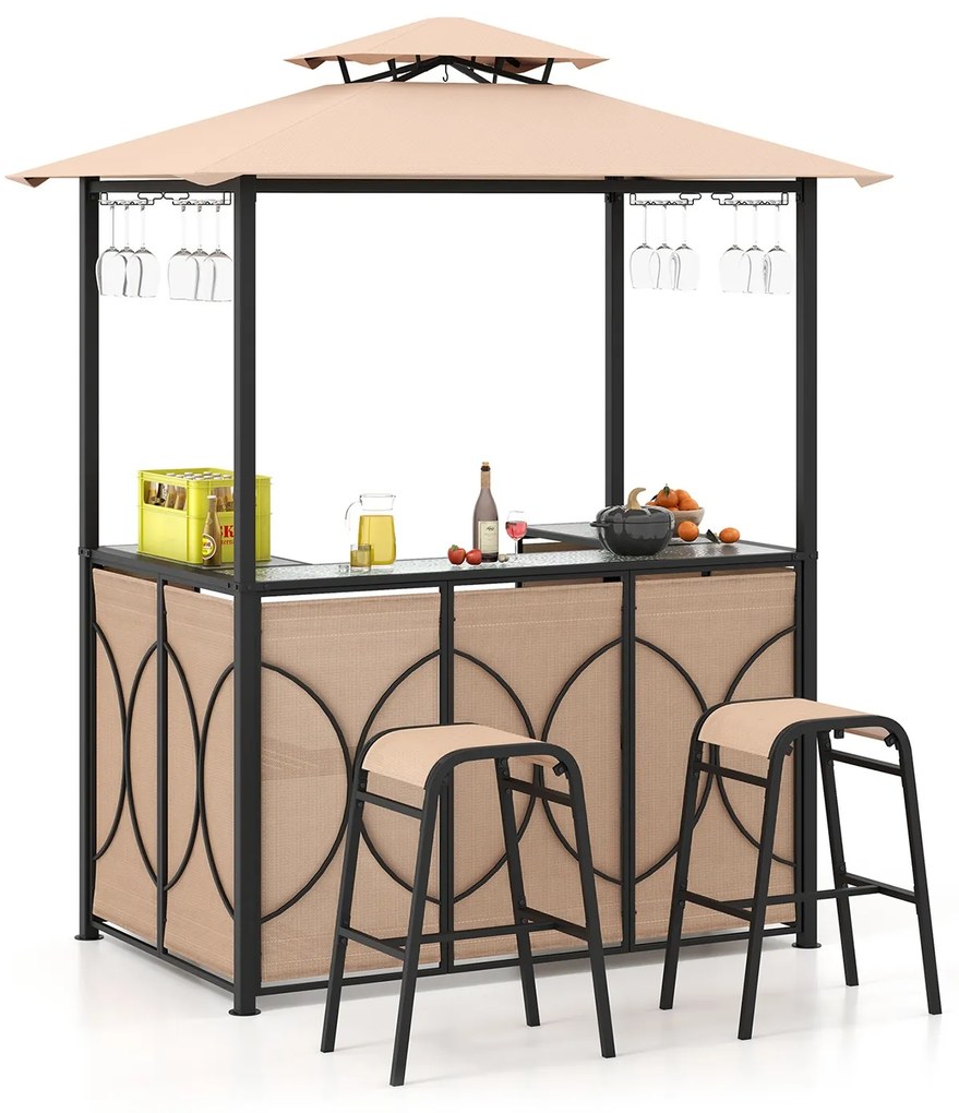 Conjunto de bar de pátio de 3 peças com prateleiras de metal e suportes de vidro - cinza