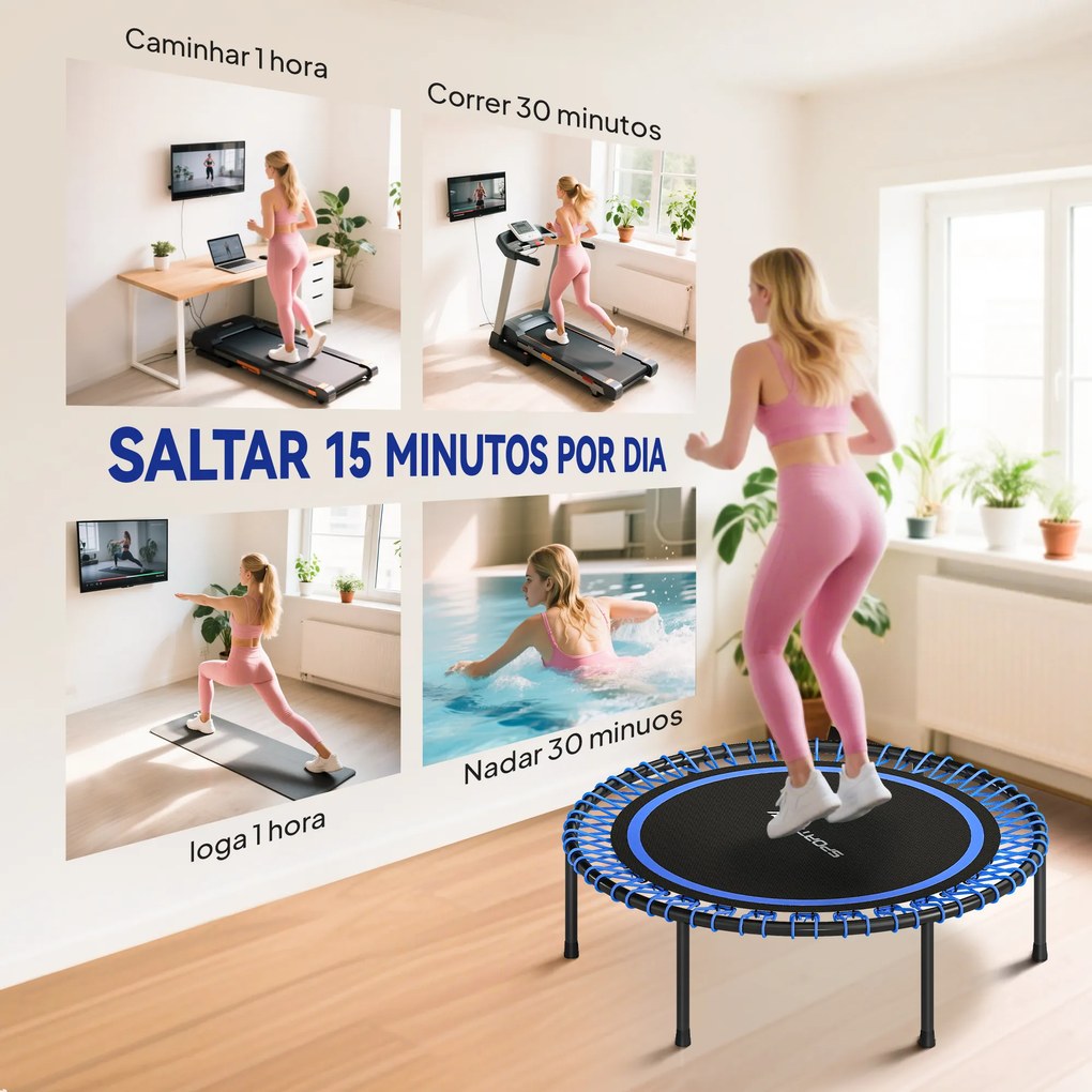 Trampolim de Fitness Adultos Ø114 cm com Estrutura de Aço Reforçada para Treino de Pernas Corpo Azul e Preto