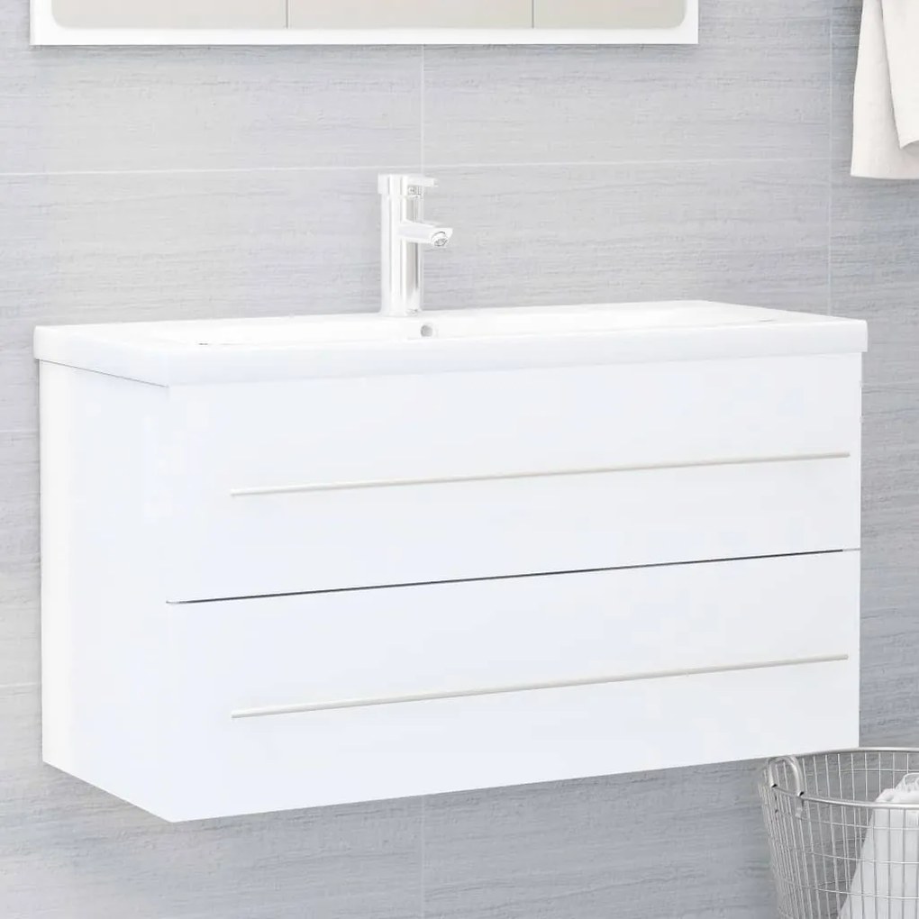 vidaXL Armário lavatório 90x38,5x48cm contraplacado branco brilhante