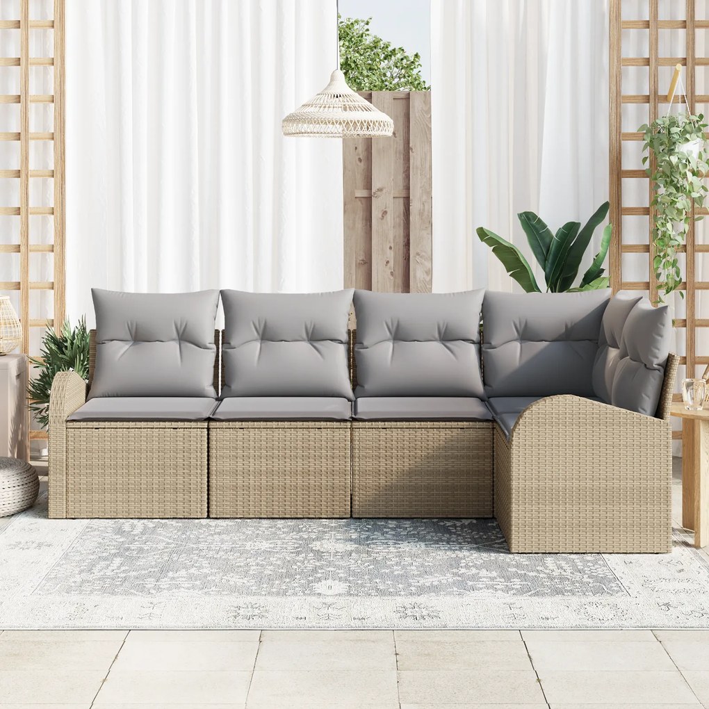 Conjunto de Sofá de Jardim vidaXL 5 Peças com Almofadas Bege de Rattan